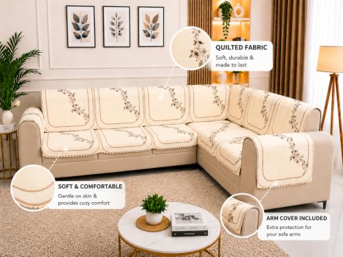 Image of Printed 7 Seater L-Shape Sofa Cover with Arm Covers, Quilted Texture, Sectional Couch Protector for Living Room-Pack of 15 (Beige)