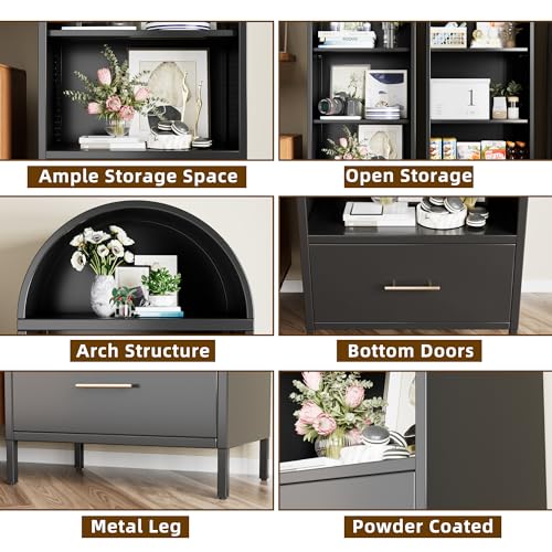 Image of 72.83 inch H Metal Arched Bookcae Cabinets with 2 Adjustable Shelf, Black Arched Bookshelf with 1 Drawer for Home Office, Living Room, Assemble Require, Black