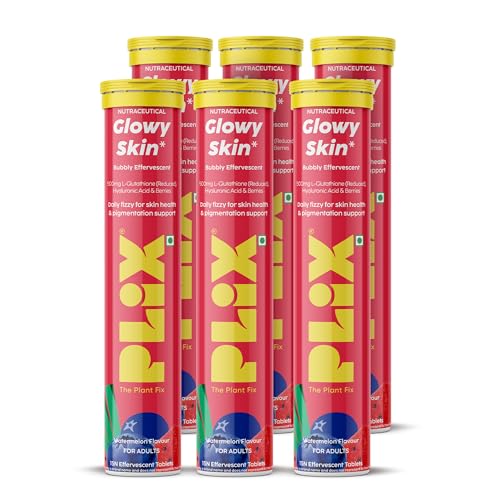 Image of PLIX - THE PLANT FIX Glutathione Effervescent Tablets for Clear, Glowing & Youthful Skin | 500mg Glutathione, Vit E & Hyaluronic Acid | No Maltodextrin, No Sugar | Pack of 6 (90 tabs) | Watermelon