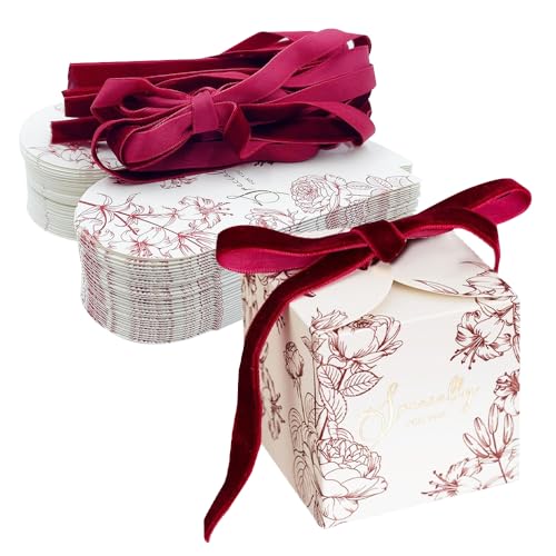 ONEBO 30 Pièces Boîtes à bonbons de mariage avec ruban,Carré Boîte De Papier à Bonbon,pour Biscuits,Bonbons,Chocolats,Fêtes,Mariages (Schéma de couleurs rouge et...
