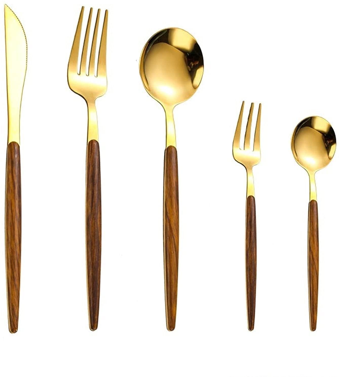 Luxury Flatware, Royal 5 Piece Wooden Handle Handle 18/10 Stainless Steel Tableware Sets for 1 Including Forks Spoons Knives, Camping Silverware Travel Utensils Set Cutlery (Pack of-1, Gold)
