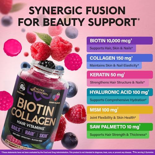Biotin Gummies with Collagen - Hair Growth Support Skin, & Nail Strength - for Women & Men - Biotin 10000mcg | Keratin | Hyaluronic Acid | B-Complex | Saw Palmetto - Sugar-Free, Mixed Berry, Pack of 2 - Image 5
