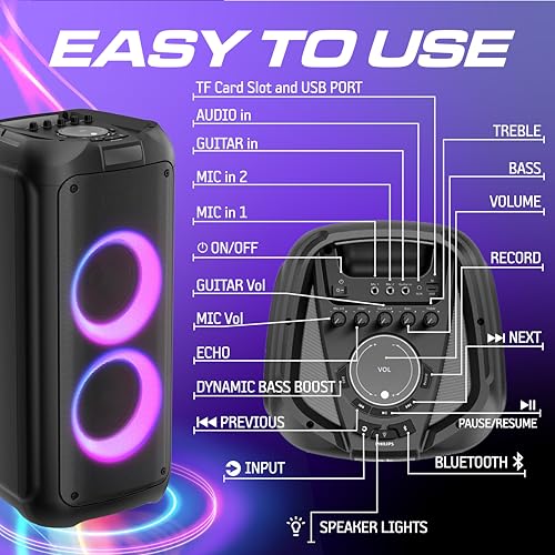 Image of Philips Bluetooth Party Speaker, 120W Powerful Sound with Dynamic Bass Boost, 10 RGB Light Modes, Karaoke Mic & Guitar Inputs, FM Radio, USB /TF /AUX Playback, Portable Handle, Remote Control (Cordless)