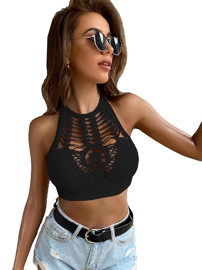 Emprace Women's Summer Beach Backless Crochet Halter Bikini Crop Top Crochet Hollow Out Tassle Embroidery Knit Boho Beachwear
