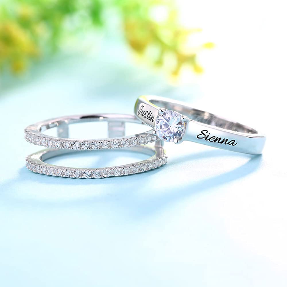 Anillos de eternidad de corazón personalizados para mujer con circonita cúbica de plata de ley 925 con nombre personalizado, grabado de compromiso, aniversario, boda, regalo para mujer