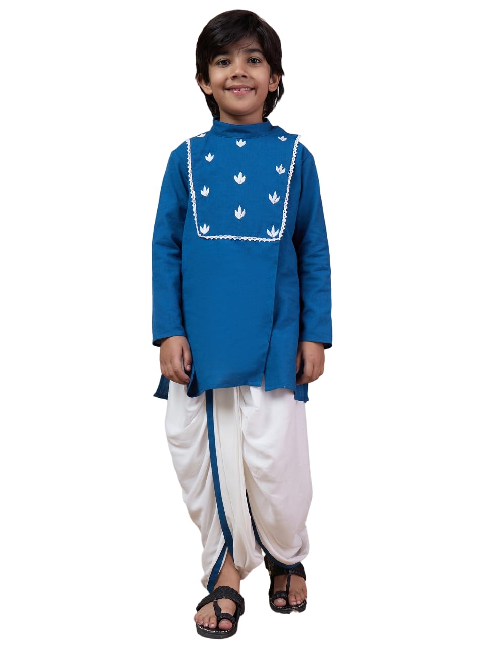 Pspeaches Boys Mandarin Collar Floral Yoke Design Regular Thread Work Kurta With Dhoti Pants (12-14Years)