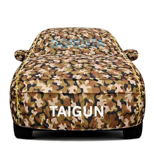 Image of Waterproof Car Body Cover for Taigun All Weather Protection Comes with Inner Cotton Lining & Triple Stitched with Mirror & Antenna Pocket Belt & Elastic Fit Army with Yellow Piping2