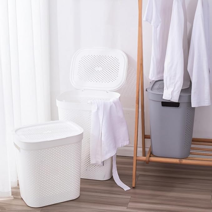 Plastic Laundry Basket with Lid | Multi-Purpose Laundry Bin | Break Resistant, Light Weight, Durable & Stylish Construction | Large Space Perfect for Storage | White, 50 Liters (36x36x40cm)