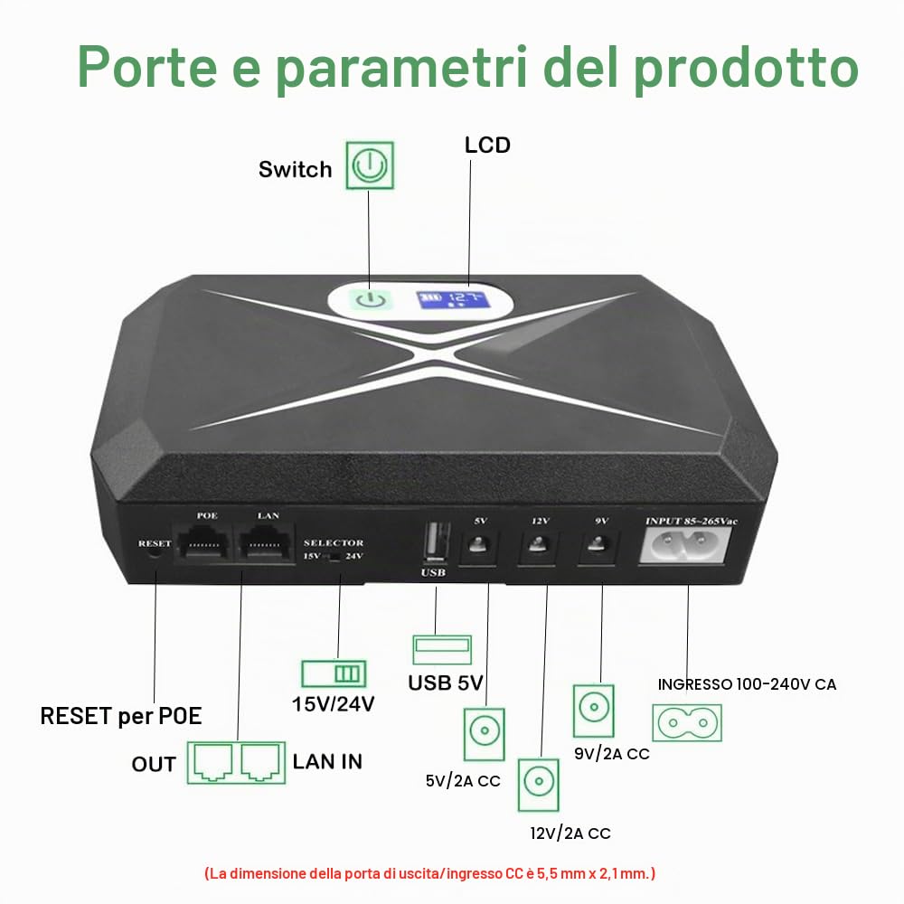 Mini UPS alimentazione senza interruzione per router, modem, fotocamera | Ingresso uscita AC USB, 5V DC 5V 9V 12V 2A, 36W