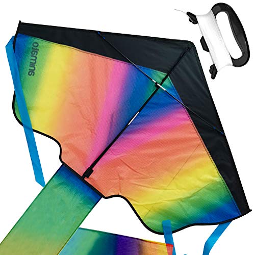 Animato Large Rainbow Kite for Adults and Kids Easy to Fly Kite Fun Beach Toy Outdoor Activities Rainbow Delta 5 PC Kite Kit with Extra Long String Handle Storage Bag and Gloves
