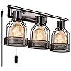 Industrial bathroom vanity light plug in 3 lights retro cage wall sconce with cord metal shade vintage wall lights fixtures for indoor home dressing table mirror cabinet bulb not included  urban country home decor