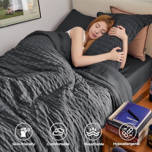 Image of HYMOKEGE Twin XL Comforter Set Seersucker 5 Pieces, All Season Luxury Bed in a Bag for Bedroom, Bedding Set with Comforter, Sheet, Pillowcase & Sham, Dark Grey