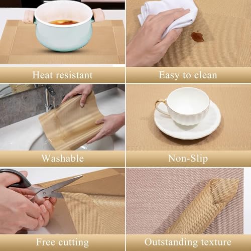 Image of Solitude Placemats Set of 4 Dining Table Place Mats | Placemats Table Mat PVC Material | Non-Slip Heat Resistant | Dining Tablemates Washable Anti-Skid | Size 45 x 30 CM (Gold)