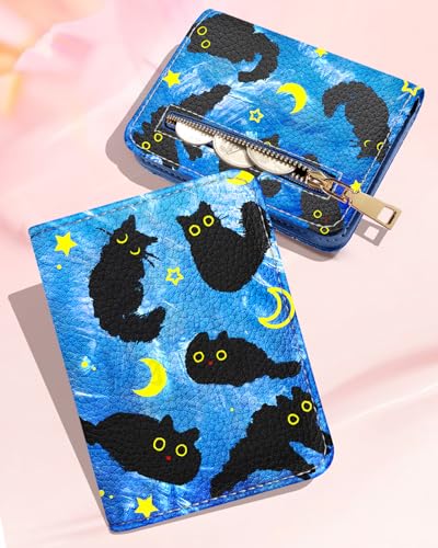 Image of Bistup Leather 12 Slot Accordion Card Holder Wallet, Black Cat | Accordion Storage, Zipper Around Closure, Compact Patterned Wallet for IDs, Cards, Cash, Daily Carry and Gifts