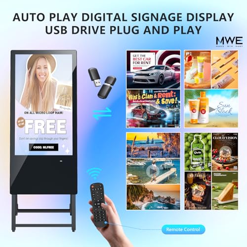 Image of JIYANG 32 Inch Indoor Digital Signage Display,Floor Standing Advertising Digital Kiosk with Wheels,Portable LCD Poster Totem Support HDMI Input,Split Screen,Timed Open /Off,Android System