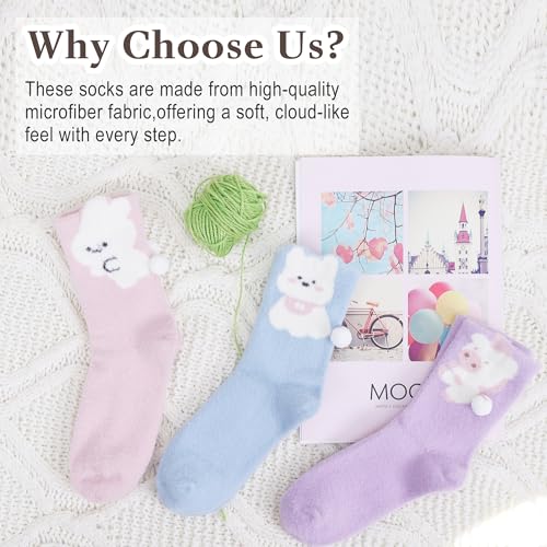 Fuzzy Cute Socks for Women Girls - Winter Warm Fluffy Cozy Home Sleeping Socks Soft Slipper Indoor Crew Socks 3 Pairs4