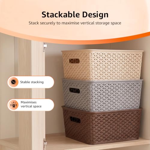Image of Amazon Basics Set of 3 Plastic Storage Baskets with Lid Stackable Organiser for Wardrobe, Kitchen, Clothes, Toys, Books, Office, Stationery Multipurpose (Medium, 36x30x13 cm | Multicolour, Rectangular