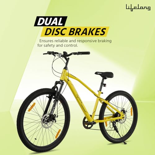 Image of Lifelong Gear Cycle for Men & Women MTB 26T with Dual Disc Brake - MultiSpeed 7-Gear Bicycle - Front Suspension Fork - Mountain Bike Ideal for 15 Years + Adults Upto Height 5 ft 5 inches (Yellow)