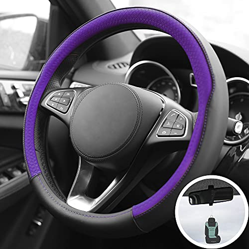 FH Group Geometric Chic Genuine Microfiber Leather Steering Wheel Cover – Universal Fit for Cars Trucks & SUVs (Purple) FH2009