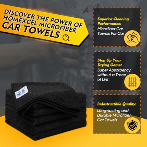 Image of HOMEXCEL Black Microfiber Cleaning Cloth 6 Pack, 12.5 x 12.5 inch Microfiber Towels for Cars, Ultra Absorbent Car Washing Cloth, Lint Free Streak Free Cleaning Rags for Car, Kitchen, and Window