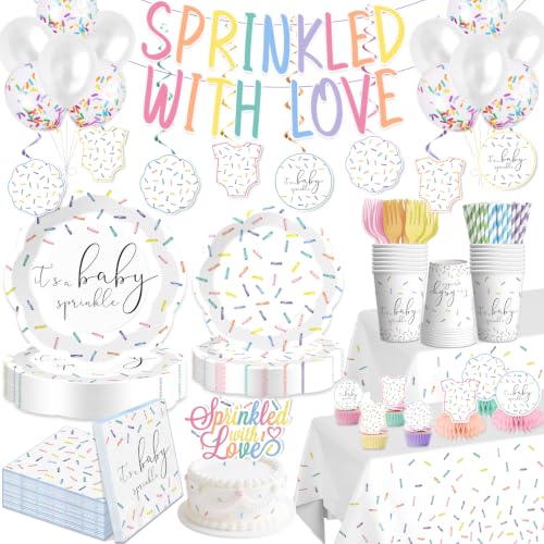 Xynic 215PCS Baby Sprinkle Decorations Set with Petal-shaped Plates Napkins Serves 25 2 Tablecloths Sprinkled with Love Baby Shower Banner Cake Topper for Baby Sprinkle Decorations for Girl