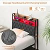 Winkalon Twin Metal Bed Frame with RGB Lights, Charging Station, Upholstered Headboard, Storage Shelves & Under Bed Space, Powder Coated, 250 lbs Capacity