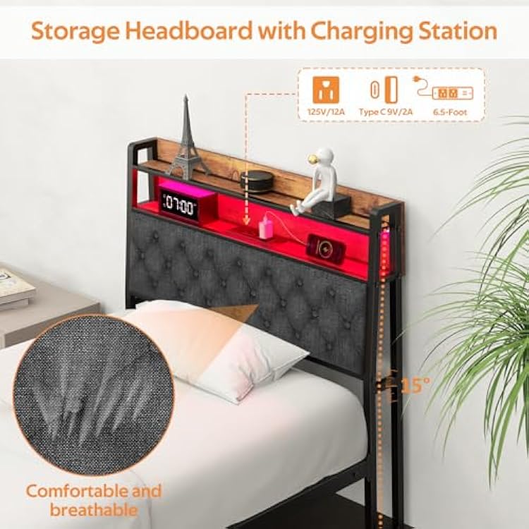 Winkalon Twin Metal Bed Frame with RGB Lights, Charging Station, Upholstered Headboard, Storage Shelves & Under Bed Space, Powder Coated, 250 lbs Capacity