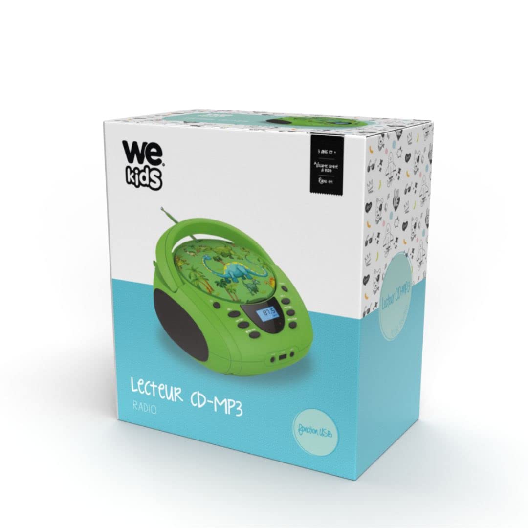 WE Lecteur - Radio CD - USB WeKids: FM, Lecteur CD/CD-R/CD-RW/MP3, RMS2*2W, entrée Aux et Micro, modèle Dinosaure