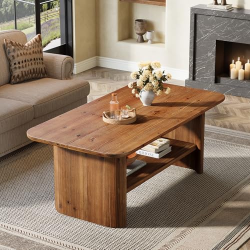 TRIBEWOOD Solid Wood Coffee Table for Living Room, 47.24' Rectangle Coffee Table with Storage, 2-Tier Farmhouse Center Furniture for Home, Apartment, Office, Brown