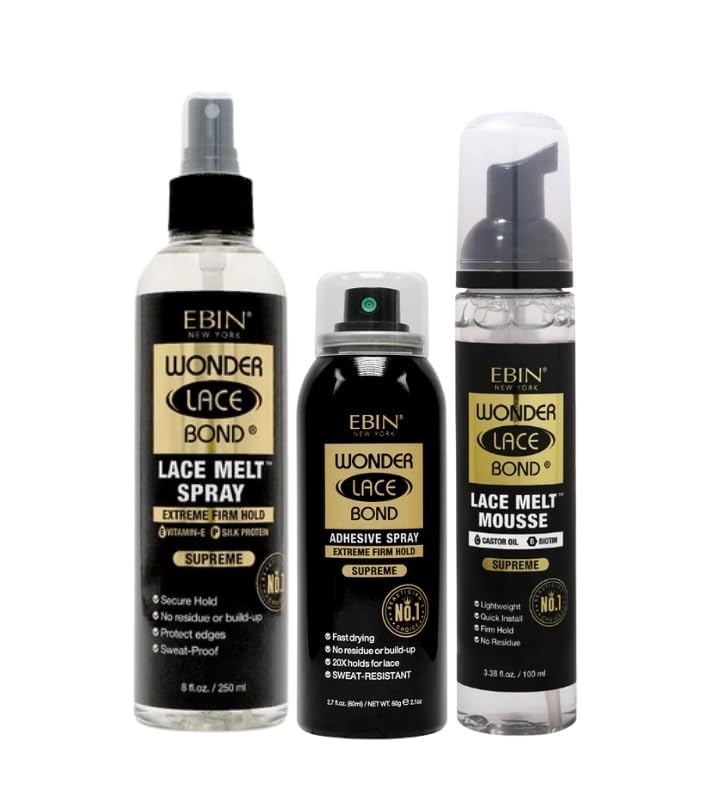 EBIN NEW YORK Melting Spray – Wonder Lace Bond LaceMelt Mini Supreme 8oz Bundle with Wig Adhesive Spray Supreme 2.7oz and Lace Melt Mousse 3.38oz Wig Styling and Blending Gift Set (3 Items)