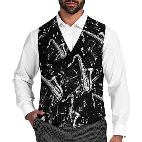 Saxophone Men's Suit Vests Business Formal Dress Vest V-Neck Waistcoat for Wedding Casual