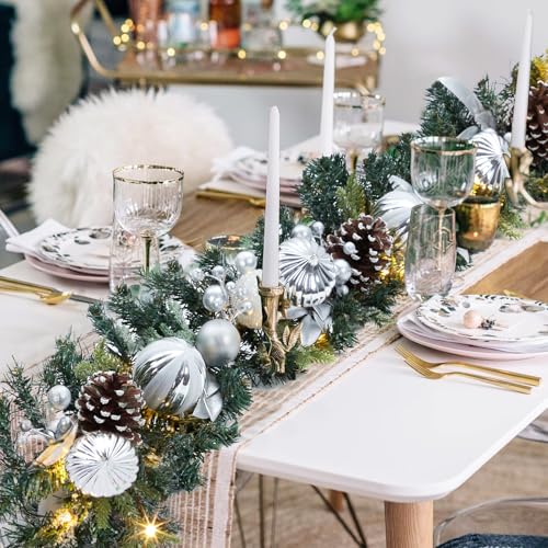 GarveeHome Christmas Garland with Lights, 6 Ft Silver White Lighted Christmas Garland with Pine Cones Ball Ornaments Battery Operated Lights for Indooor Outdoor Mantle Stairs Railing Decorations