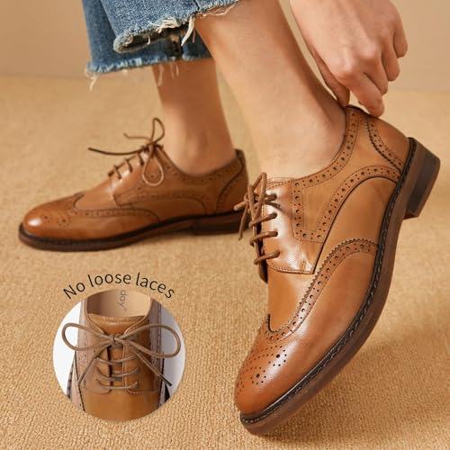 Image of BEAU TODAY Oxford Shoes for Women,Leather Brogue Dress Shoes,Comfort Brethable Ladies Lace-up Handmade Wingtip Shoes for Business Work