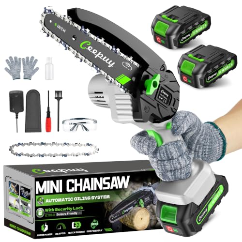 Image of CEEPUY Mini Chainsaw, 6 Inch Portable Electric Chainsaw with 2 Batterys /Automatic Oiler /Security Lock /Powered Small Handheld Saw for Trees Branches Trimming