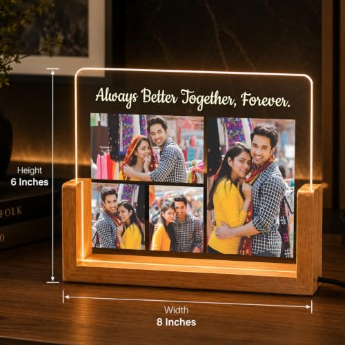 Image of Giftplease Personalized LED Acrylic Photo Frame with Custom Picture and Quote, Romantic Couple Night Lamp, Wooden Base USB Table Decor, Anniversary Photo Display, Wedding Decor, Bedroom Home Accent