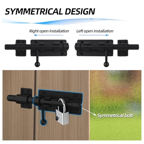 Image of Barrel Bolt Latch, 6.3 inch Heavy Duty Gate Latch Slide Lock Solid 304 Stainless Steel Bolt Lock for Inside Door, Finished Shed Door Latch (2 Pack, Black)