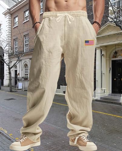 Mens Linen Casual Pants American Flag Graphic Splicing Hip Hop Trousers Drawstring Wide Leg Pants with Pockets2
