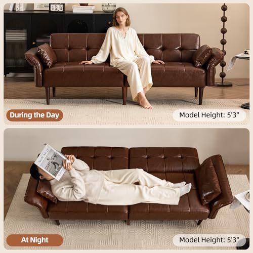 Image of HALLYBEE Futon Sofa Bed, Sleeper Sofa, Small Couch with Storage Adjustable Armrests Pillows, Faux Leather Loveseat, Mid Century Modern Couches for Living Room, Bedroom, Apartment, Red Brown