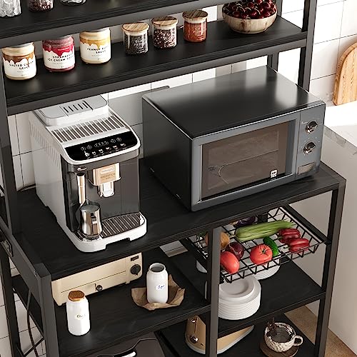 GarveeHome Microwave Stand Bakers Rack with Power Outlet, Kitchen Baker Rack with Wire Basket, 6-Tier Large Freestanding Utility Storage Shelf for Kitchen Dining Living Room, Rustic Black