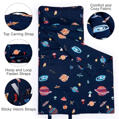Image of PHF Soft Toddler Nap Mat with Removable Pillow, Rollup Design Kids Sleeping Mat, Slumber Bags for Boys, 50 inchx20 inch Toddler Sleeping Bag for Daycare Preschool Travel Camping, Space