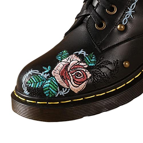 TinaCus Handmade Women's Genuine Leather Ethnic Embroidered Floral Round Toe Low Chunky Heel Front Lace Up Combat Boots Shoes2