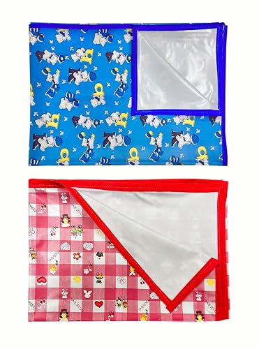 Image of EcoSoft Plastic Sheet,PVC Sheet for Kids,Rubber Sheet for Babies,Bed Wetting Protector(90 x 135 cm) (Blue Alphabet & Pink Good Day)