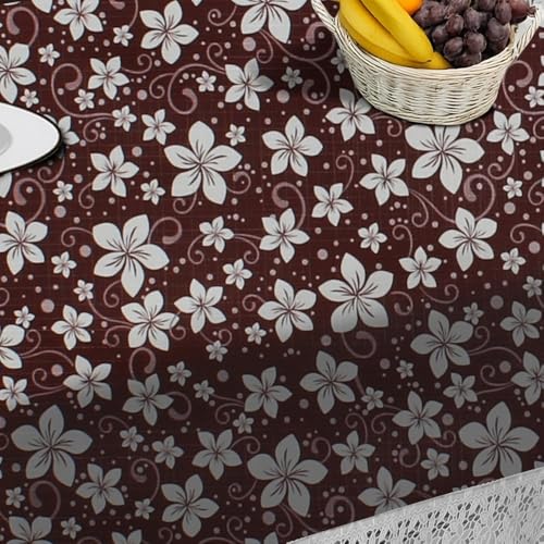 Image of The Furnishing Tree Waterproof PVC Rectangle Shaped 8 Seater Table Cover WxL 60x108 inches Floral Pattern Brown White with White Border lace