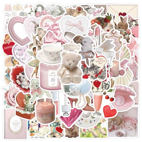 60pcs Coquette Stickers Cute Vinyl Laptop Stickers, Waterproof Aesthetic Stickers, Pink Sticker Pack for Girls Water Bottles Laptop Computer Phone Guitar (60 Coquette Stickers)