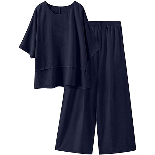 Sinzelimin Women's 2 Piece Lounge Set 3/4 Sleeves Crewneck Pachwork T-Shirt Tops and Loose Comfy Wide Leg Sweatpant Outfits