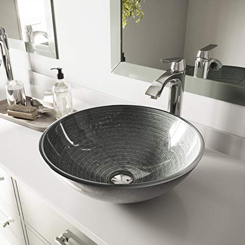 VIGO VG07053 16.5" L -16.5" W -5.5" H Handmade Glass Round Vessel Bathroom Sink in Simply Silver Finish