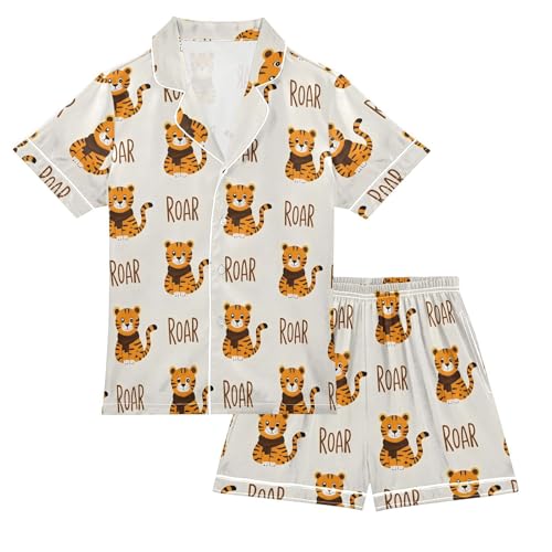 ALAZA Tiger Print Animal Satin Pajamas Set Short Sleeve Button Down Sleepwear Summer Pjs 2 Piece
