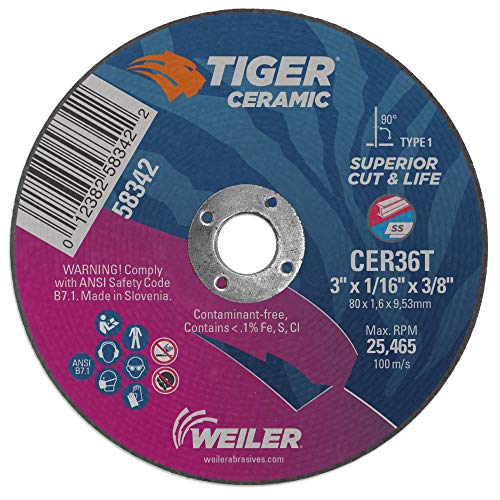 Image of Weiler 58342 3-Inch Cutting Wheel, Tiger Ceramic Contaminant-Free, Max Performance Cutting, 1 /16 inch CER36T Type 1 3 /8 inch Arbor (Pack of 100)