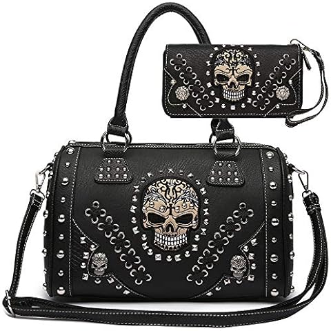 Sugar Skull Day of the Dead Punk Art Purse Removable Strap Women Satchel Handbag Shoulder Bag Wallet Set, Black Set, L Cover
