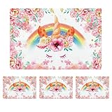 Juego de 4 Manteles Individuales de Unicornio Arcoíris Floral Rosa Salvamanteles Individuales de Cumpleaños de Lino, Temporada Primavera Cocina Mesa Interior Vacaciones Fiesta Decoración, 12x18in